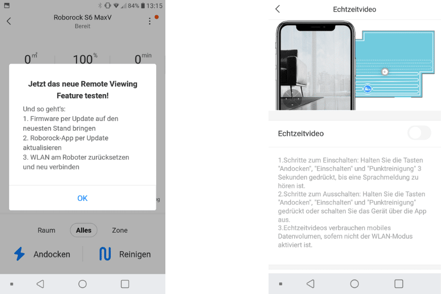 Roborock S6 MaxV Remote Viewing Funktion aktivieren.